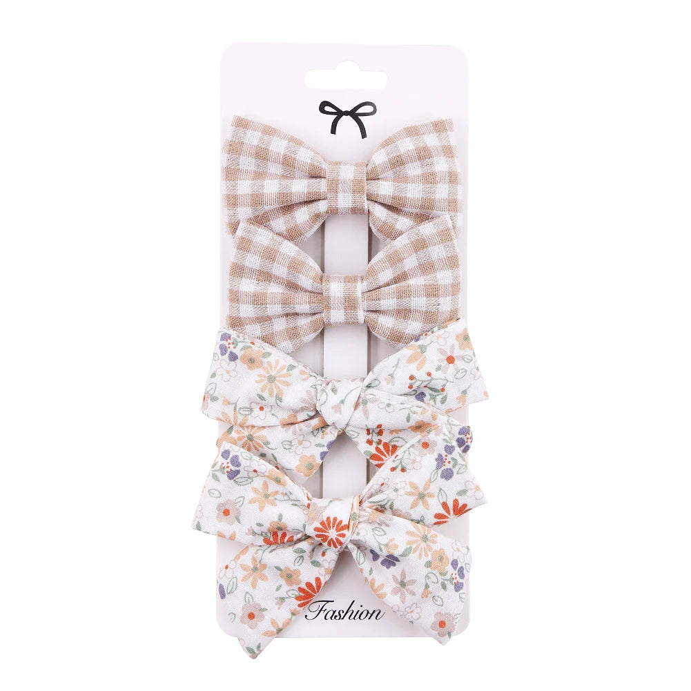 4Pcs/Set Baby Bows Hair Clips Muslin Girls Hairpins Hairclip For Kids Cotton Linen Barrette Flower Print Side Pin  Accessories