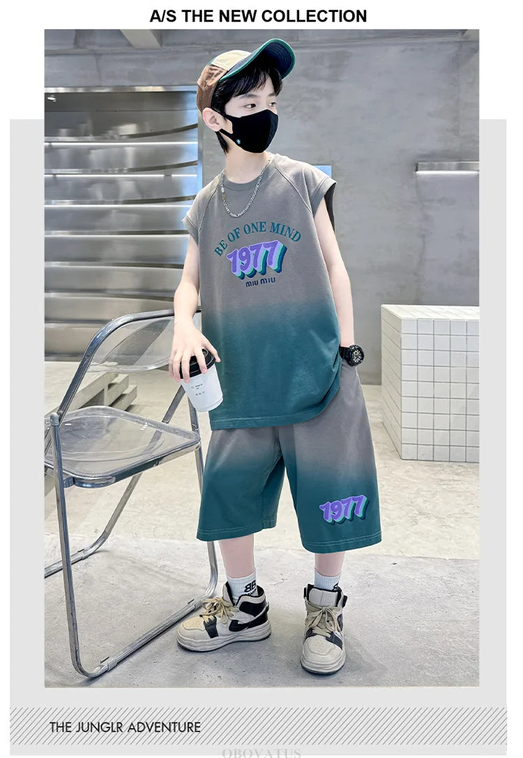 Jungen Sommer Kleidung Set Neu Lässiges Baumwoll Gradient T-Shirt & Shorts 2-teiliger Anzug Kinder Teenager Luxus Kleidung Trainingsanzug