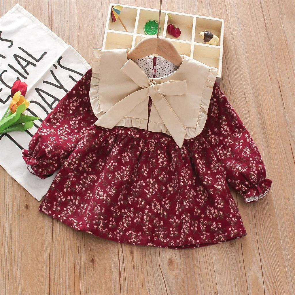 Fall Winter New Girls' Dress Lapel Floral Full Camp Bow Ribbon Lace Pleated Puffy Sleeves Sweet Girls' Dress