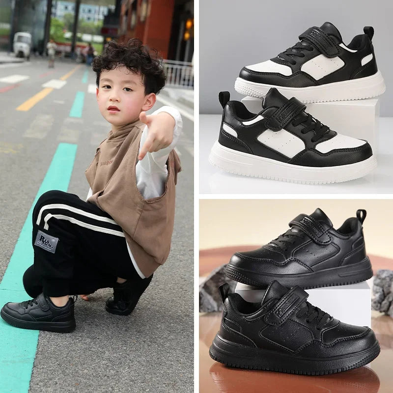 Boys Shoes Sneakers Leather Children Comfortable Flat Shoes Black White Shoes for Kids Girls School Walking Footwear Non Slip