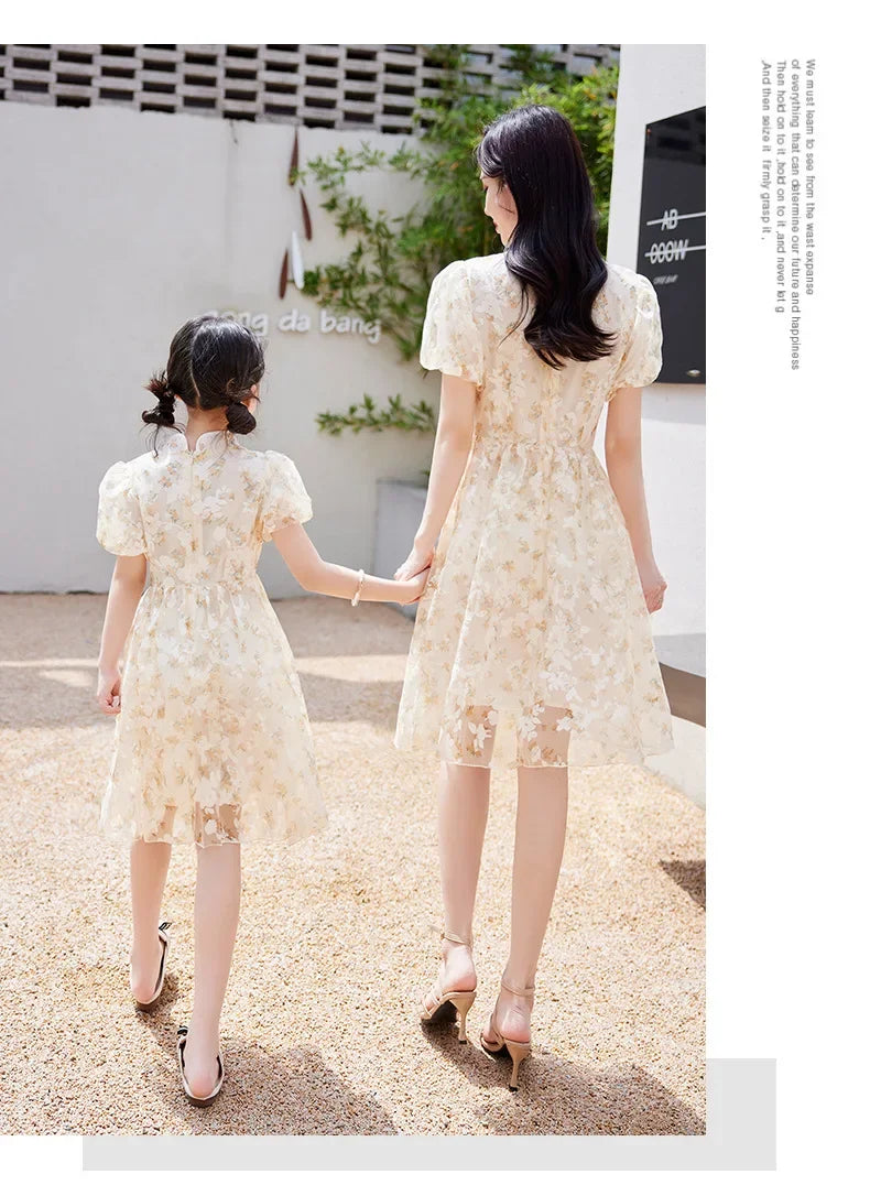 Mother Daughter Matching Dresses Vintage CheongsamGirl Daily Wear Retro Floral Dress Princess Gown Summer Outfit Mommy and