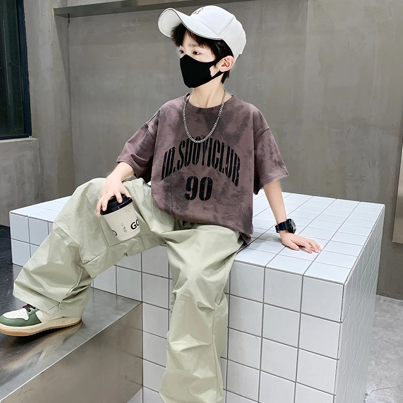 Jungen Sommerkleidung Oberteil und Hose Set für Teenager Kinder Freizeit Baumwoll-Outfit Anzug Braun Farbe Kinder Baumwollkleidungsset