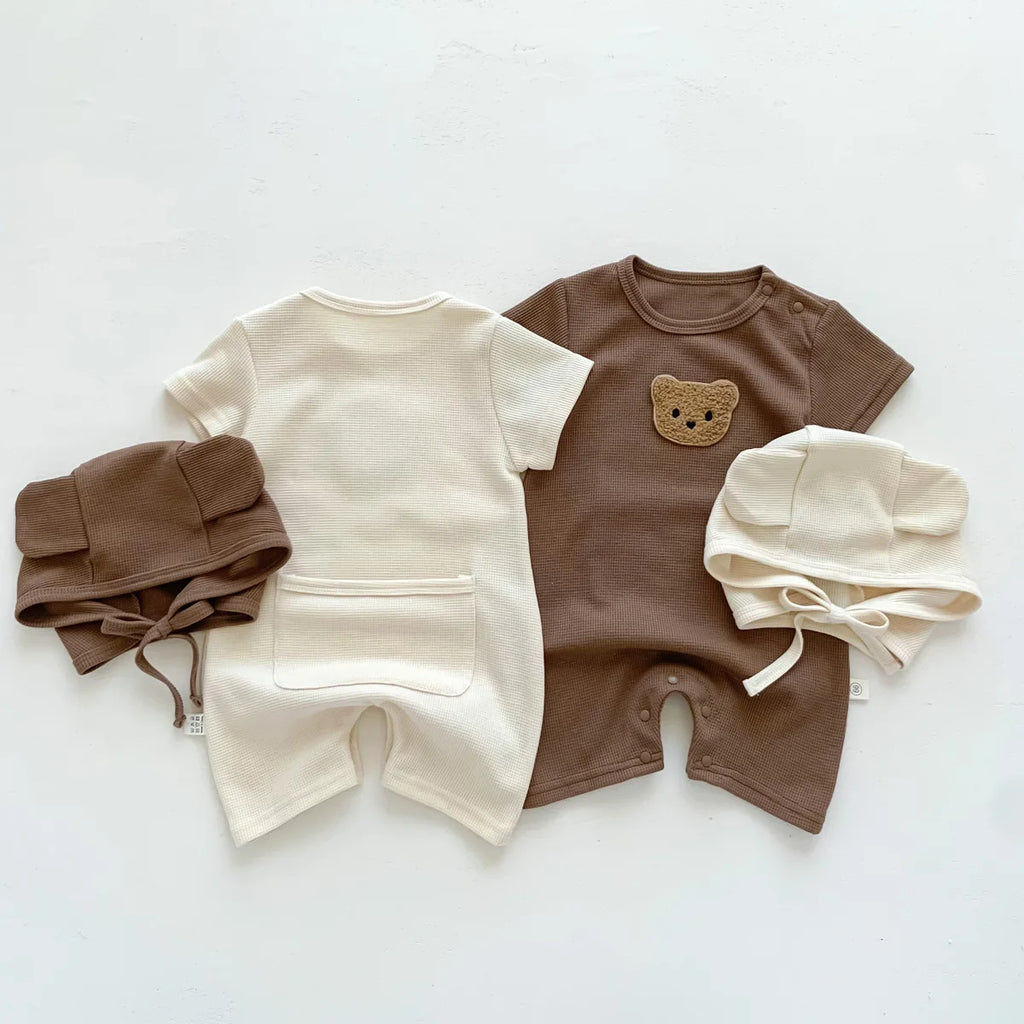 Novedad de verano para niños bebés, niñas y niños, manga corta, gofre, parche de oso, mameluco de algodón para recién nacidos, regalo, gorro con orejas