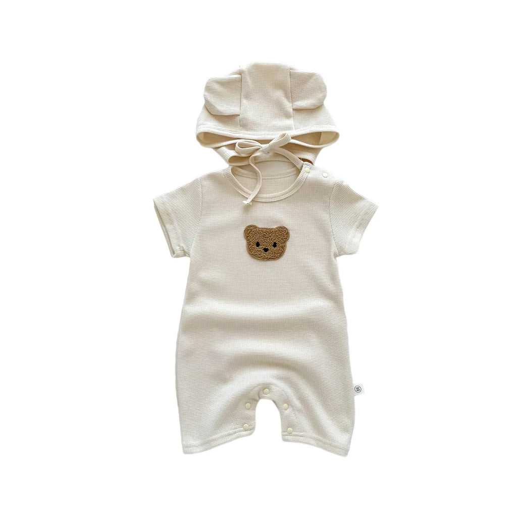 Novedad de verano para niños bebés, niñas y niños, manga corta, gofre, parche de oso, mameluco de algodón para recién nacidos, regalo, gorro con orejas