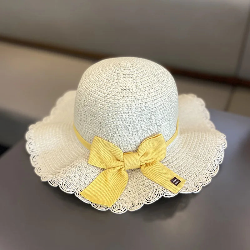Summer Girls Beach Sun Hats Lotus Leaf Brim Cute Squinting Eyes Bowknot Outdoor Sun Protection Children Straw Cap Kids