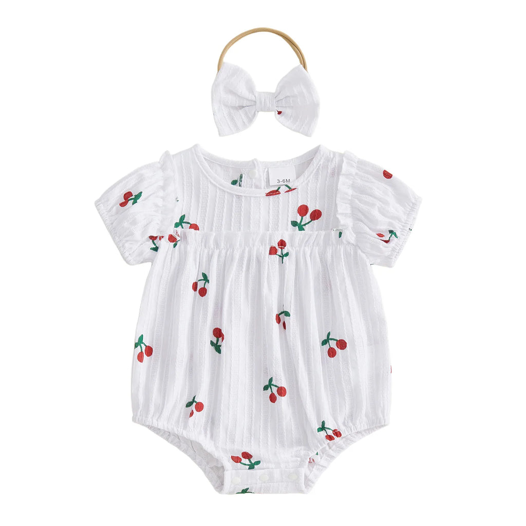 Neugeborene Baby Mädchen Sommer Bodysuit 2-teiliges Outfit Süßer Kirschdruck Rundhals Rüschen Kurzarm Strampler und Schleifen Haarband Set
