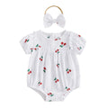 Neugeborene Baby Mädchen Sommer Bodysuit 2-teiliges Outfit Süßer Kirschdruck Rundhals Rüschen Kurzarm Strampler und Schleifen Haarband Set