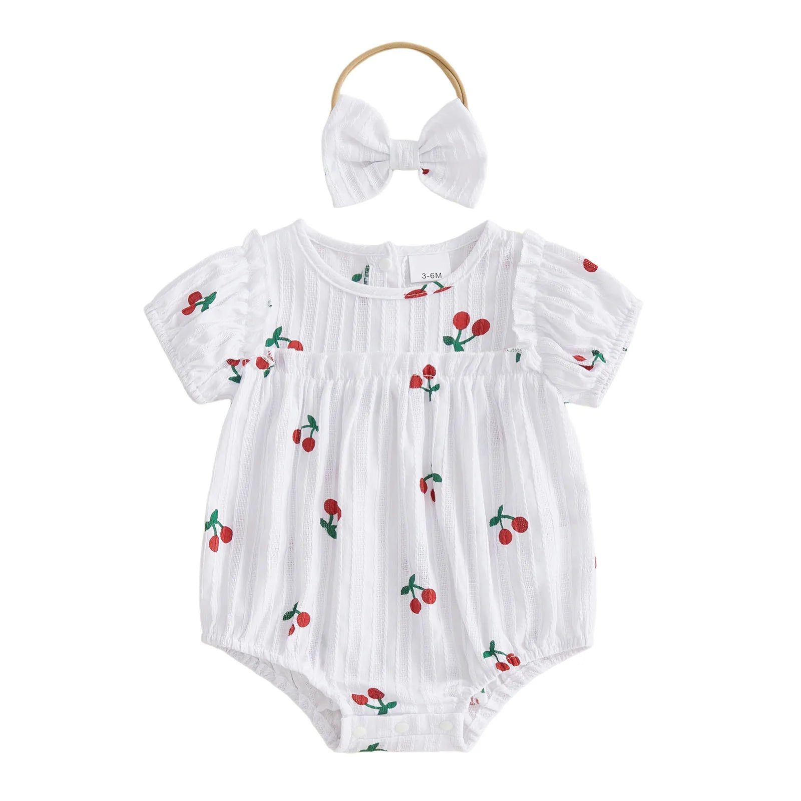 Neugeborene Baby Mädchen Sommer Bodysuit 2-teiliges Outfit Süßer Kirschdruck Rundhals Rüschen Kurzarm Strampler und Schleifen Haarband Set