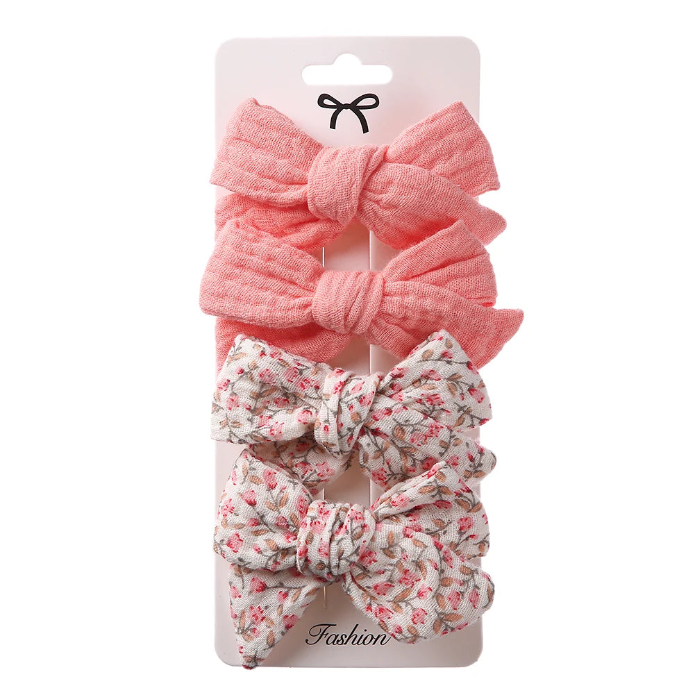 4Pcs/Set Baby Bows Hair Clips Muslin Girls Hairpins Hairclip For Kids Cotton Linen Barrette Flower Print Side Pin  Accessories