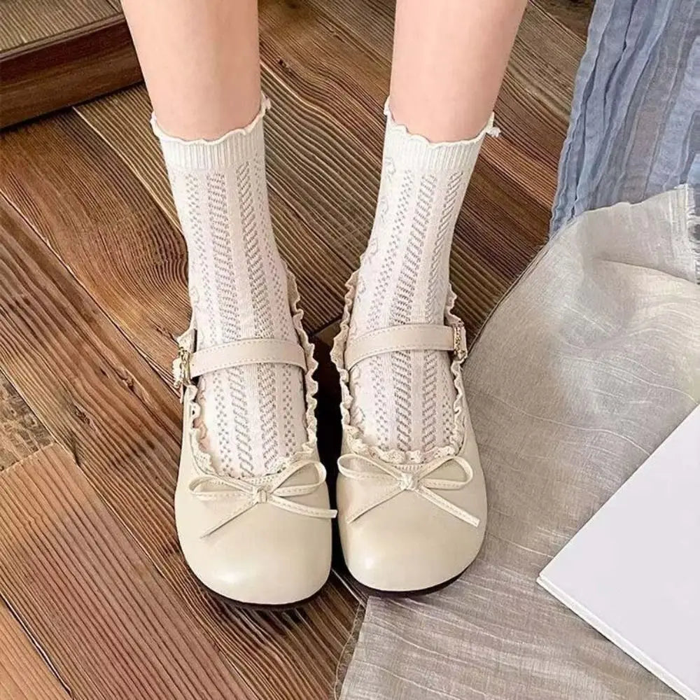 Lolita PU Leather JK Flat Shoes Bow Sweet Casual Ballet Flats Lace Ruffled Soft Sole Slip On Loafers Girls