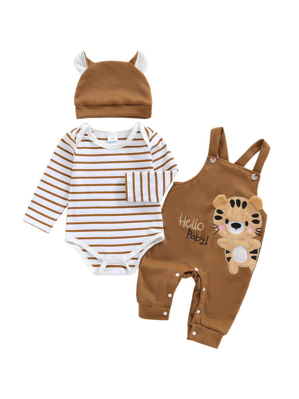 Tregren 0–18 Monate Baby Jungen Bekleidungssets Modischer Langarm gestreifter Strampler mit Tiger bestickter Latzhose und Hut