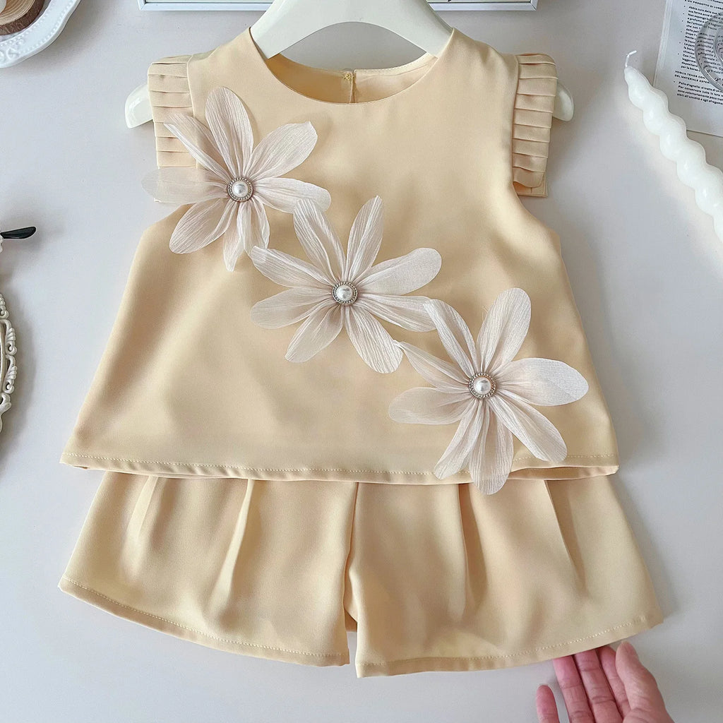 Kinderanzug für Mädchen Sommer Niedlich Drei Blumen Kurzarm-T-Shirt + Shorts 2-teilige Sets Freizeit-Outfit Baby Kinder Kleidung