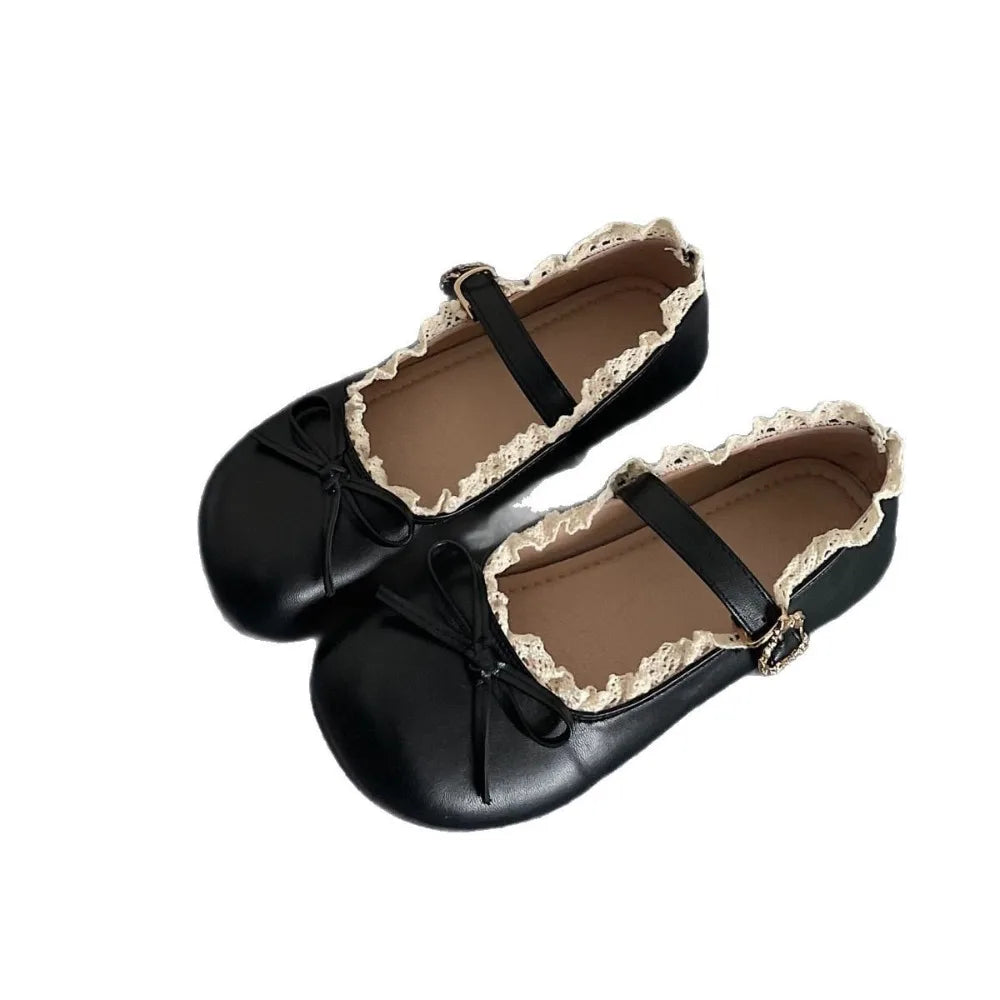 Lolita PU Leather JK Flat Shoes Bow Sweet Casual Ballet Flats Lace Ruffled Soft Sole Slip On Loafers Girls