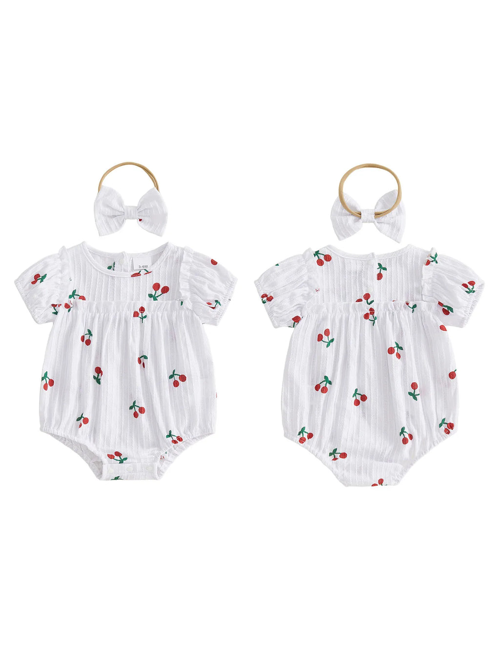 Neugeborene Baby Mädchen Sommer Bodysuit 2-teiliges Outfit Süßer Kirschdruck Rundhals Rüschen Kurzarm Strampler und Schleifen Haarband Set