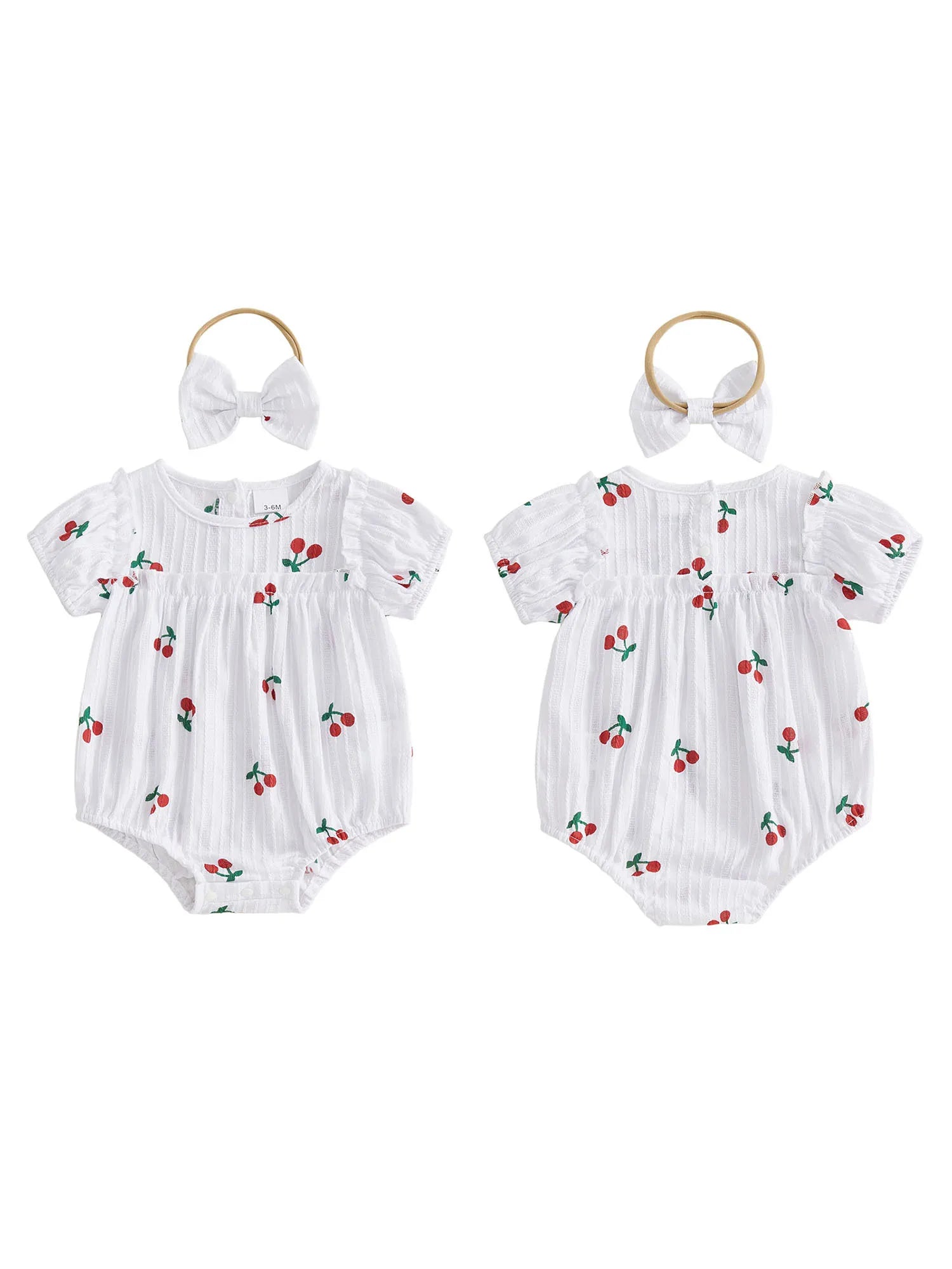 Neugeborene Baby Mädchen Sommer Bodysuit 2-teiliges Outfit Süßer Kirschdruck Rundhals Rüschen Kurzarm Strampler und Schleifen Haarband Set
