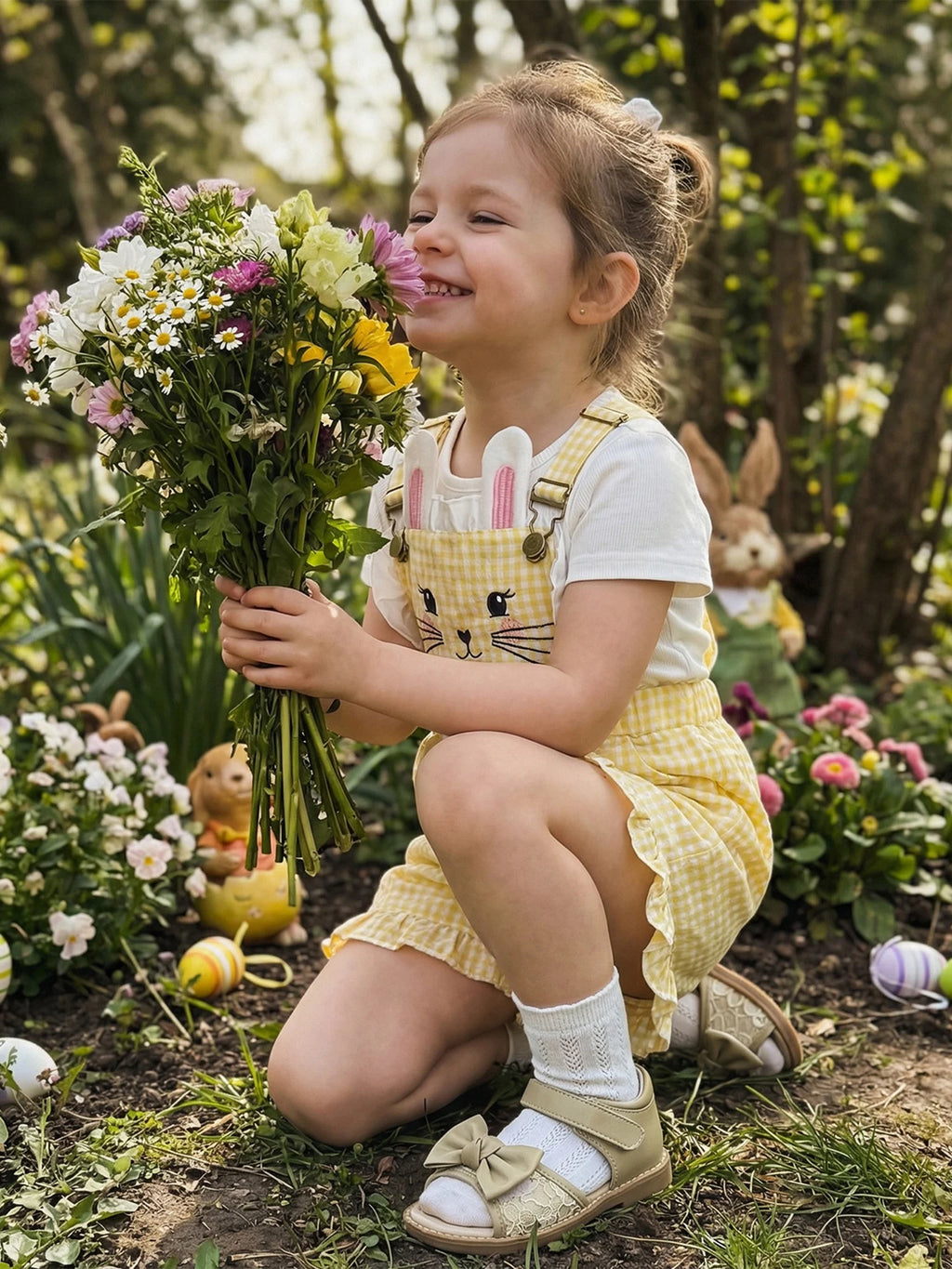 Kinder Mädchen Hasen Overall mit Taschen Niedlicher Hase Rüschenbesatz Ärmelloser Jumpsuit Shorts für Ostern
