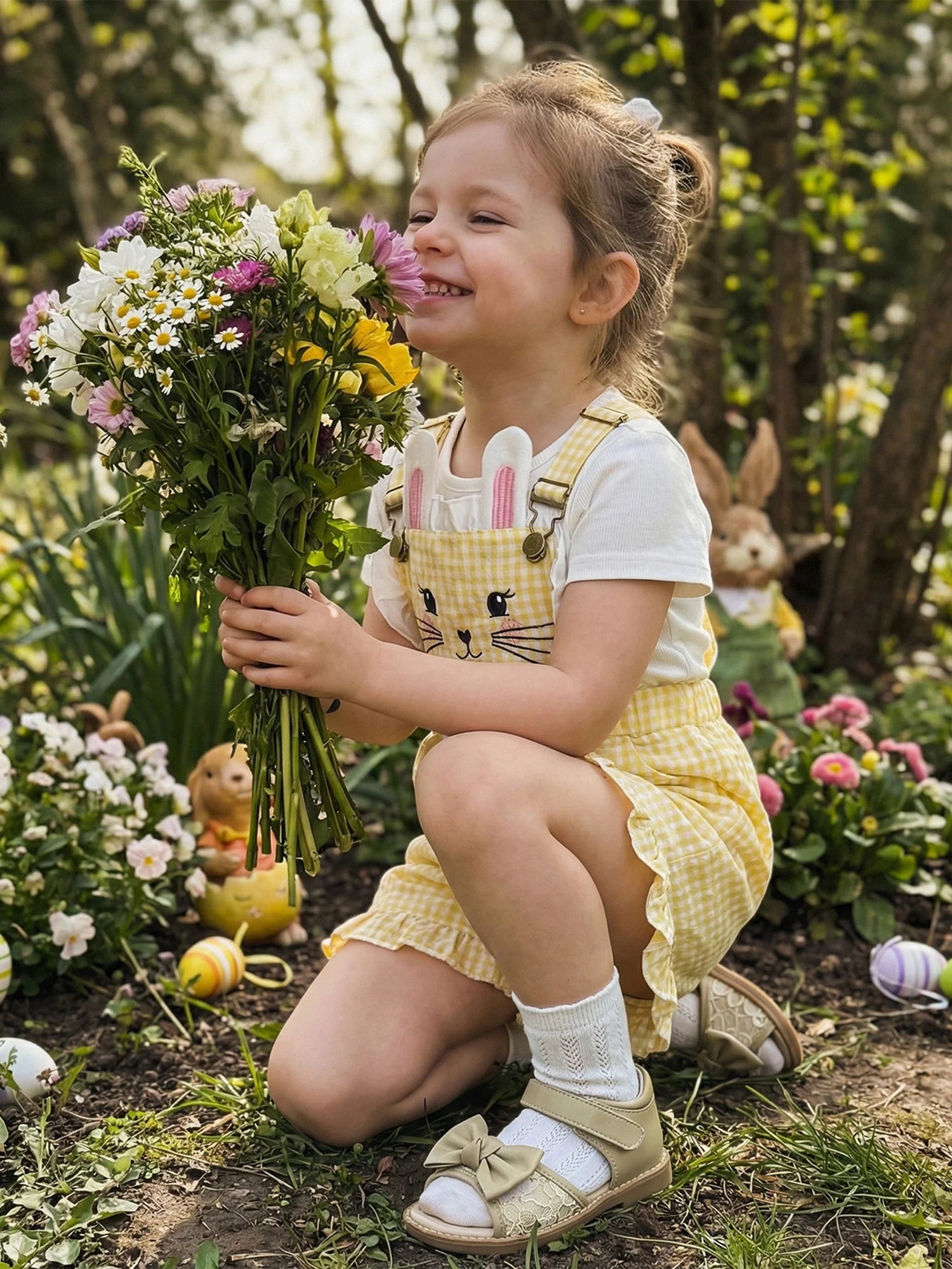 Kinder Mädchen Hasen Overall mit Taschen Niedlicher Hase Rüschenbesatz Ärmelloser Jumpsuit Shorts für Ostern