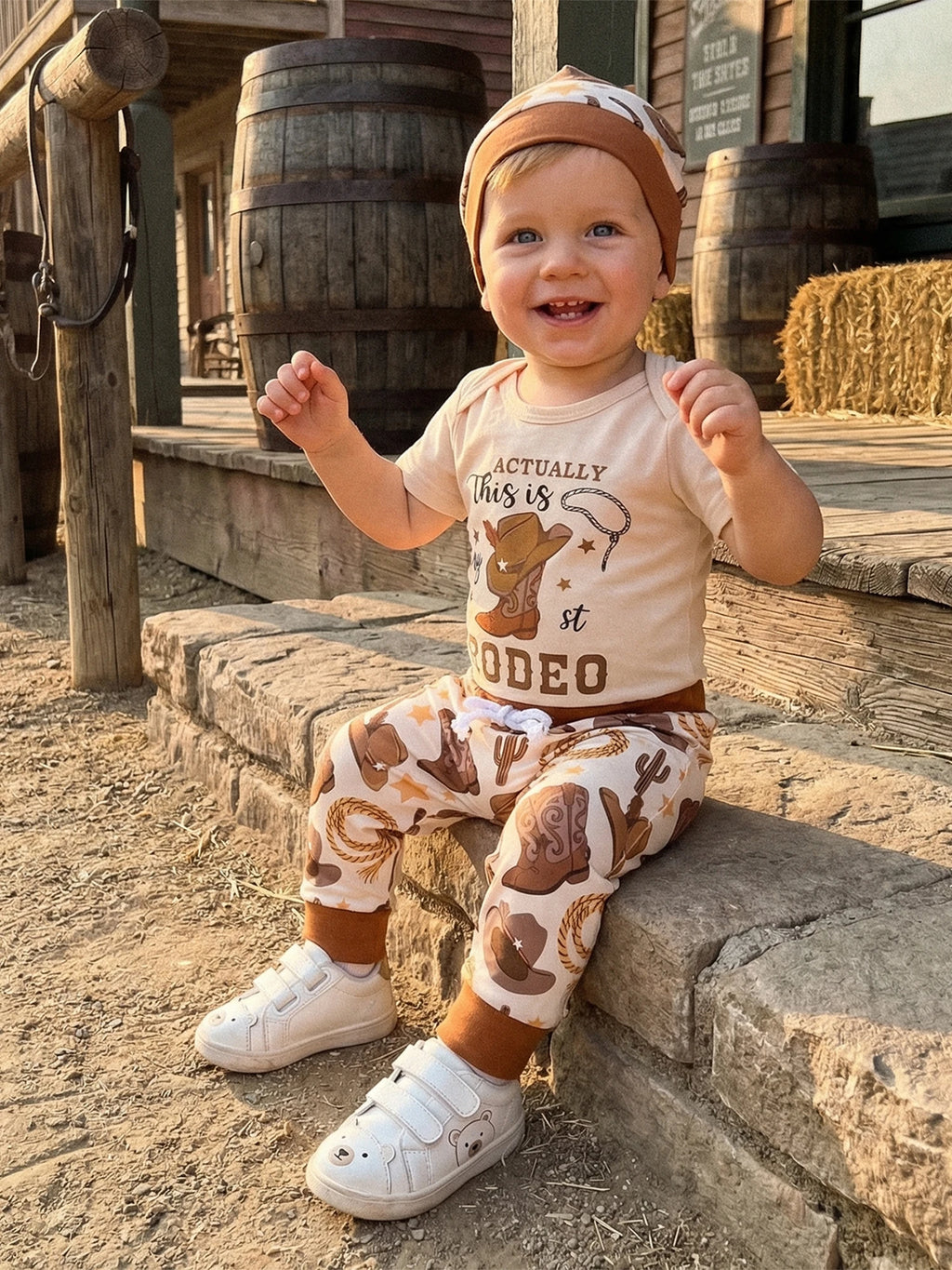 Baby Boy's Western Clothing Sets Fashionable Booties Print Short Sleeve Romper with Pants Hat 3Pcs Outfits