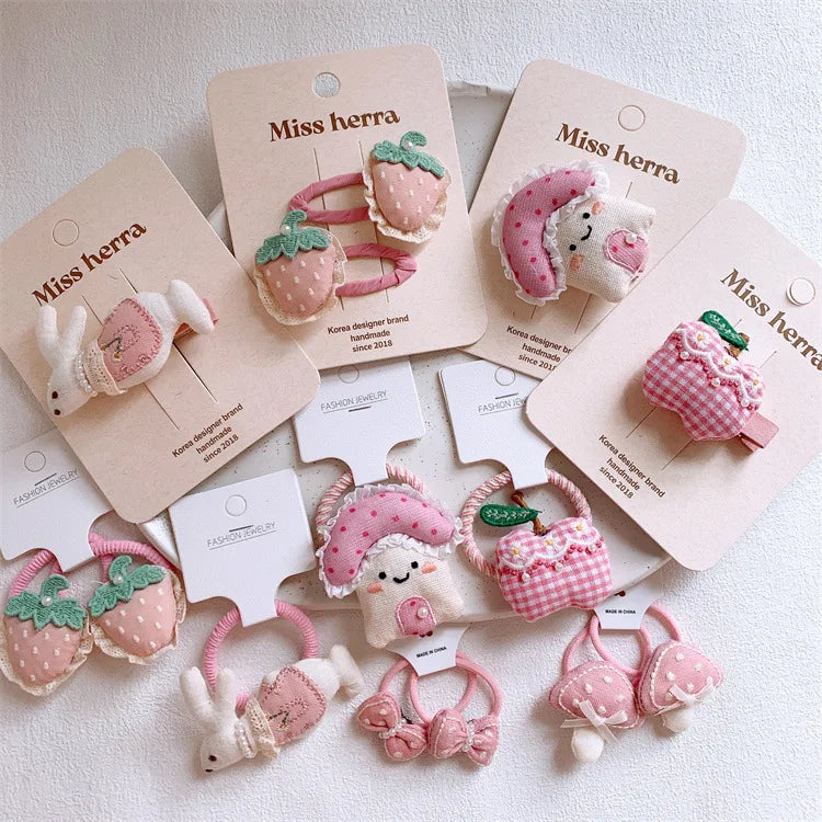 Pink Padded Fabric Cartoon Fruit Hair Clips Hair Ties for Girls Sweet Elastic Ponytail Holders Cute No Damage Hair Accessories