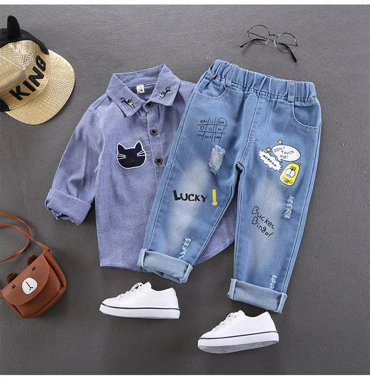Jeans de niños de primavera otoño, pantalones vaqueros elásticos de algodón con estampado empalmado, pantalones de mezclilla coreanos para adolescentes, ropa infantil