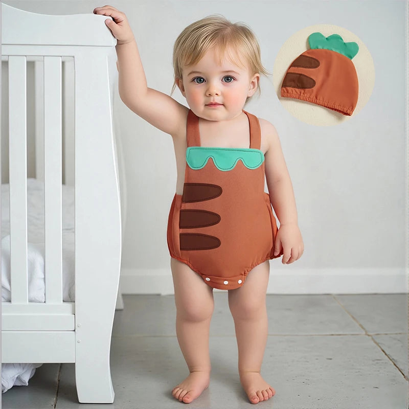 0-18 Monate Kleinkind Neugeborenes Baby Sommer-Outfit Freizeit Ärmelloser Früchte-Overall Strampler mit Hut 2-teiliges Set für Jungen und Mädchen