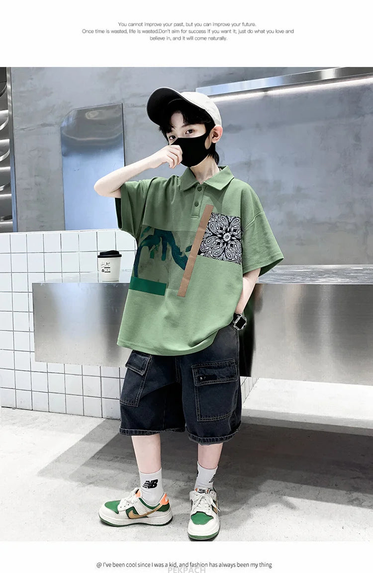 Jungen Kleidung Sommer Set Kind Mode Kurzarm Poloshirt & Jeansshorts 2-teiliger Anzug Teens Kinder Oberteil und Unterteil Kleider Set