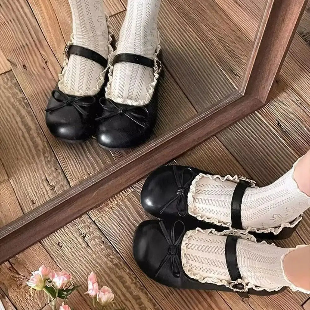 Lolita PU Leather JK Flat Shoes Bow Sweet Casual Ballet Flats Lace Ruffled Soft Sole Slip On Loafers Girls