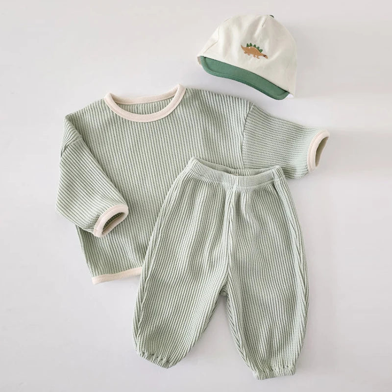 Koreanischer Stil Kinder Kleidung Anzug Waffel Pullover+Hosen Baby Jungen Mädchen Kleidung Set Frühling Herbst Kinder Kleidung Anzug