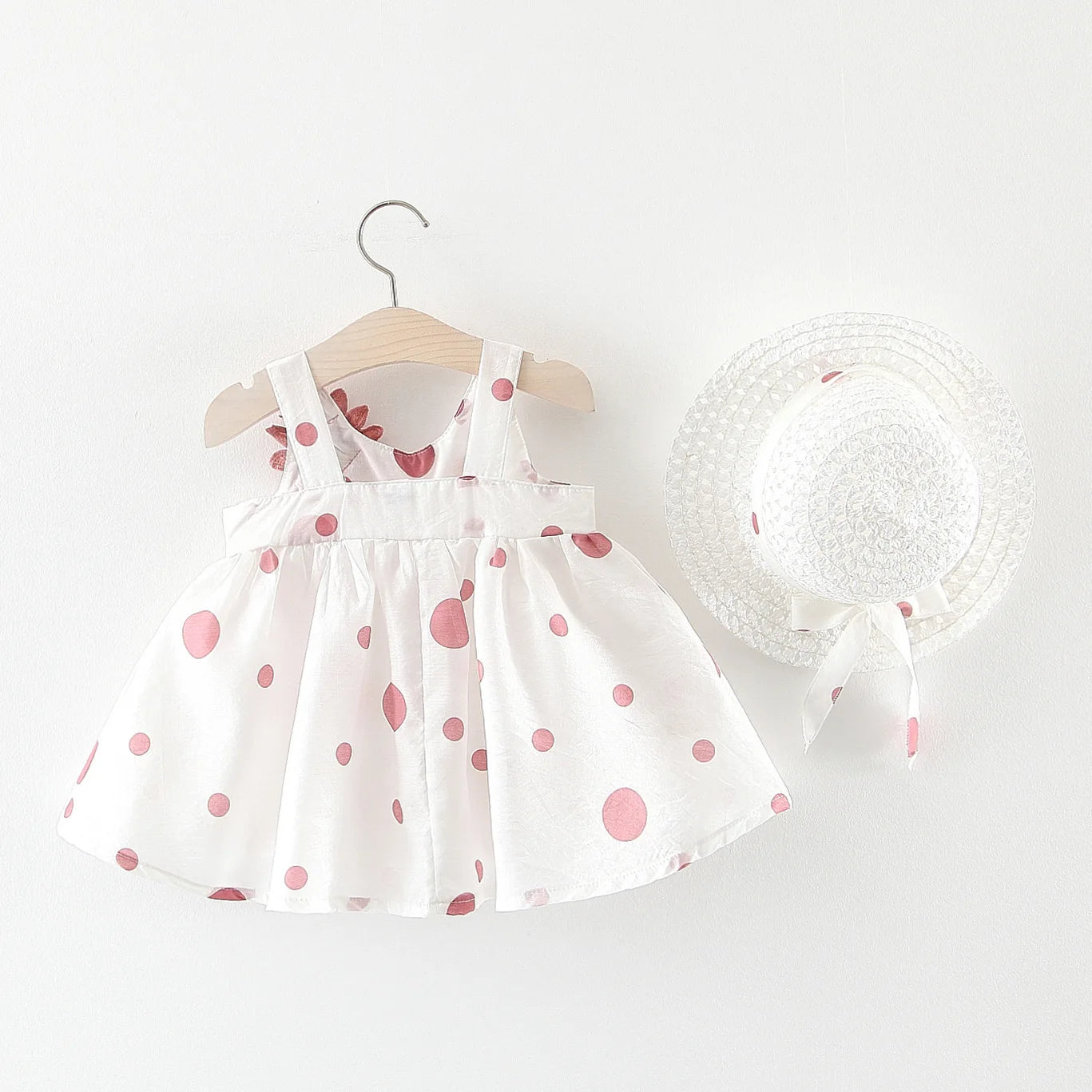 Big Bow Baby Dress Lovely Summer Infant Baby Girl Clothes Cute Dot Sleeveless Cotton Toddler Dresses+Sunhat Newborn Clothing Set