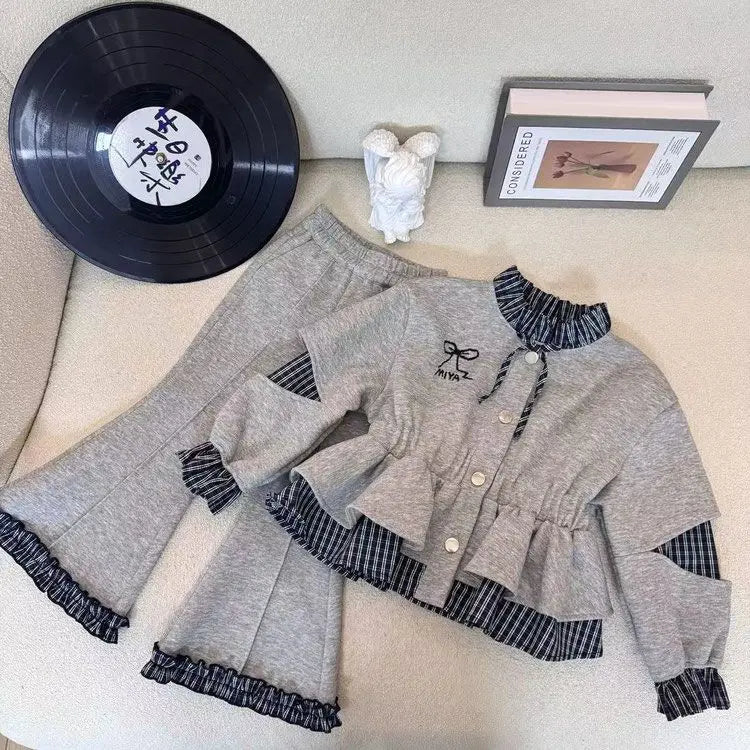 Mädchen Frühling Herbst Set Neuer Stil Kinder Baby Stylisch Puppenkragen Cardigan Lässige Hose Zweiteiliges Set Trendy