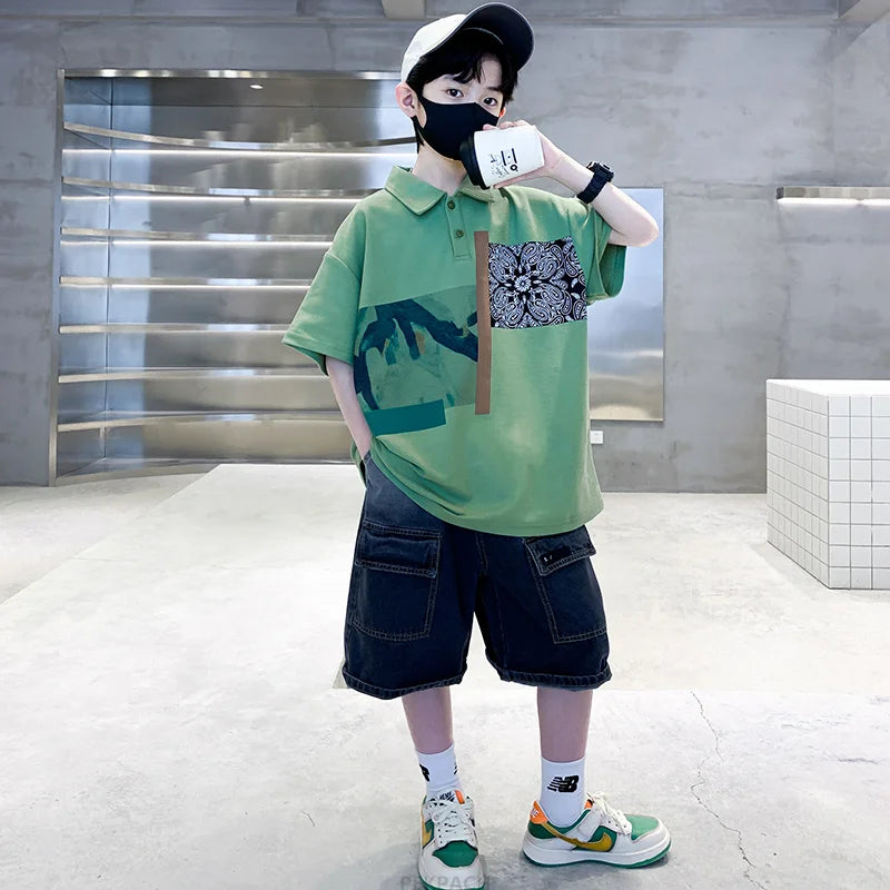 Jungen Kleidung Sommer Set Kind Mode Kurzarm Poloshirt & Jeansshorts 2-teiliger Anzug Teens Kinder Oberteil und Unterteil Kleider Set