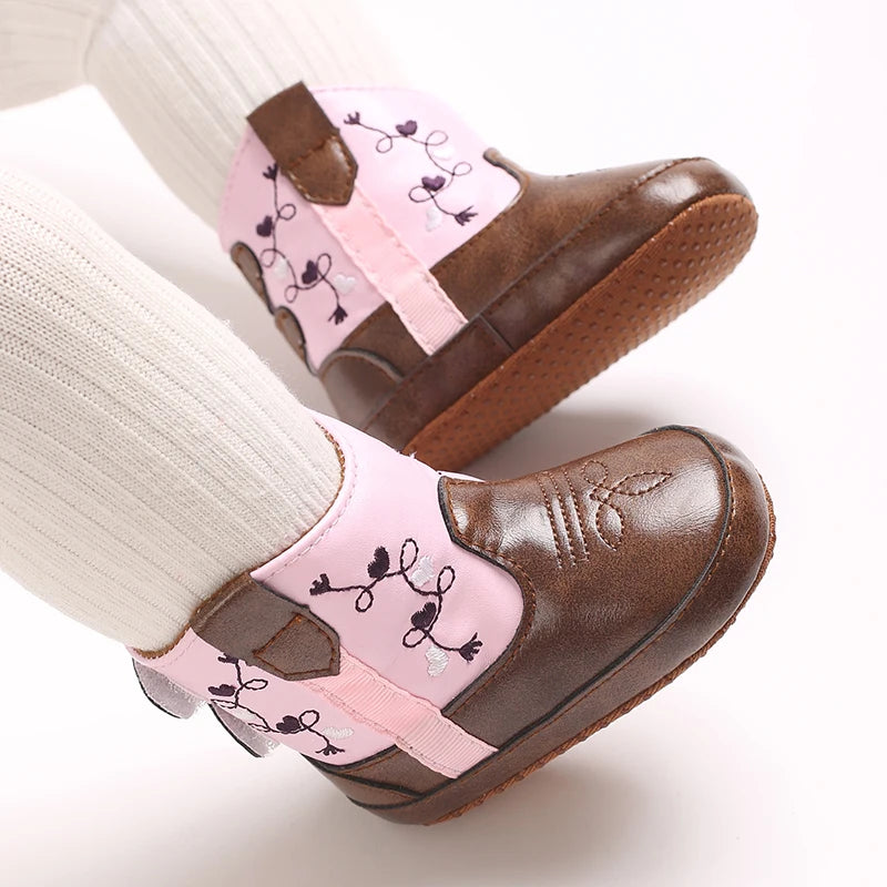 Leather Western Boots Cowboy Bootie Soft Sole Non-Slip Crib Shoes for Baby Infant Toddler Girls Boys Newborn