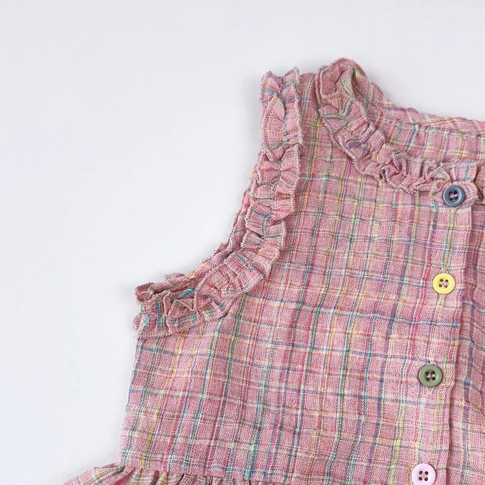 Rosa zweiteiliges Sommer-Set für Mädchen mit einreihigem ärmellosem Oberteil und Freizeithose, neue Kinder-Sets Kinderkleidung