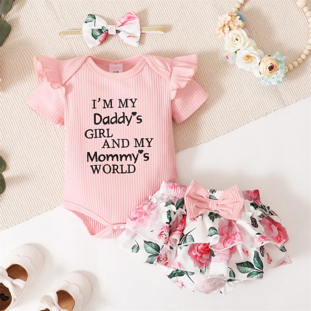 0-18 Monate Kleinkind Baby Mädchen 3-teiliges Kostüm-Set Neugeborenes Baby Mädchen Rüschen Kurzarm Strampler + kurze Hose Rock Kleinkind Mädchen Set