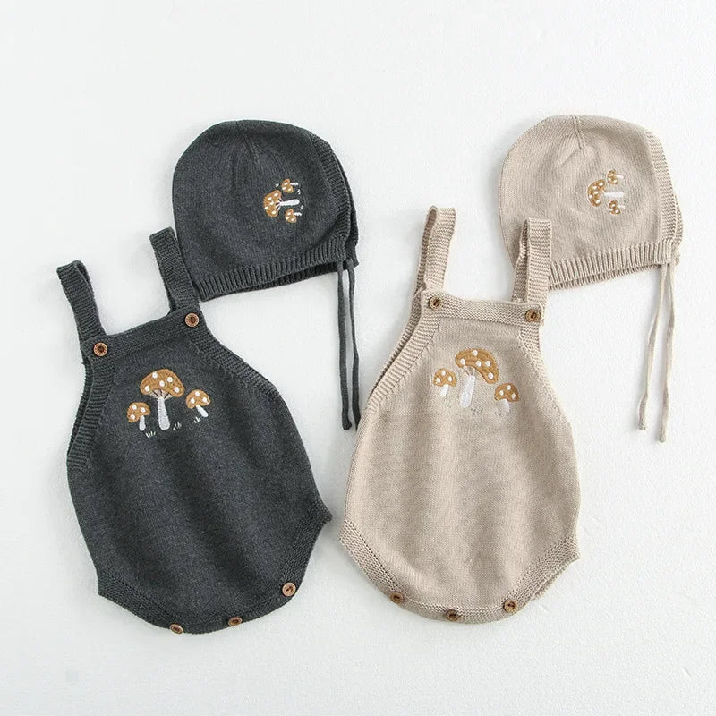 Baby Girl Clothing Cotton Knit Mushroom Embroidered Onesie Bodysuit and Beanie 0-3Y Baby Boy Clothes Cardigan Casual Outfit