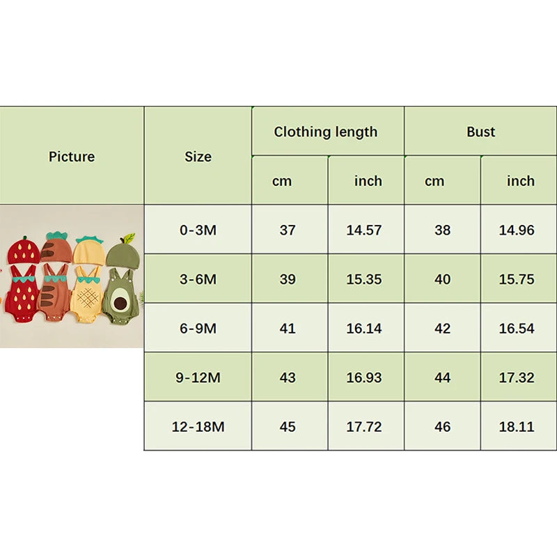 0-18 Monate Kleinkind Neugeborenes Baby Sommer-Outfit Freizeit Ärmelloser Früchte-Overall Strampler mit Hut 2-teiliges Set für Jungen und Mädchen