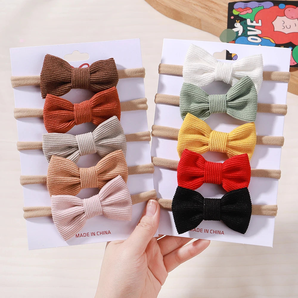 5Pcs/Set Elastic Baby Headband Solid Corduroy Ribbon Bow Headscarf Hairband Newborn Cute Knitted Headband Babe Hair Accessories