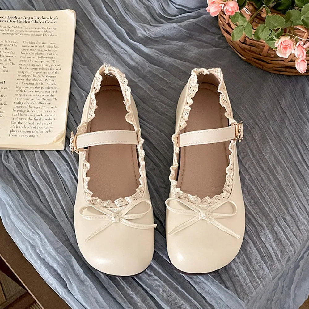 Lolita PU Leather JK Flat Shoes Bow Sweet Casual Ballet Flats Lace Ruffled Soft Sole Slip On Loafers Girls