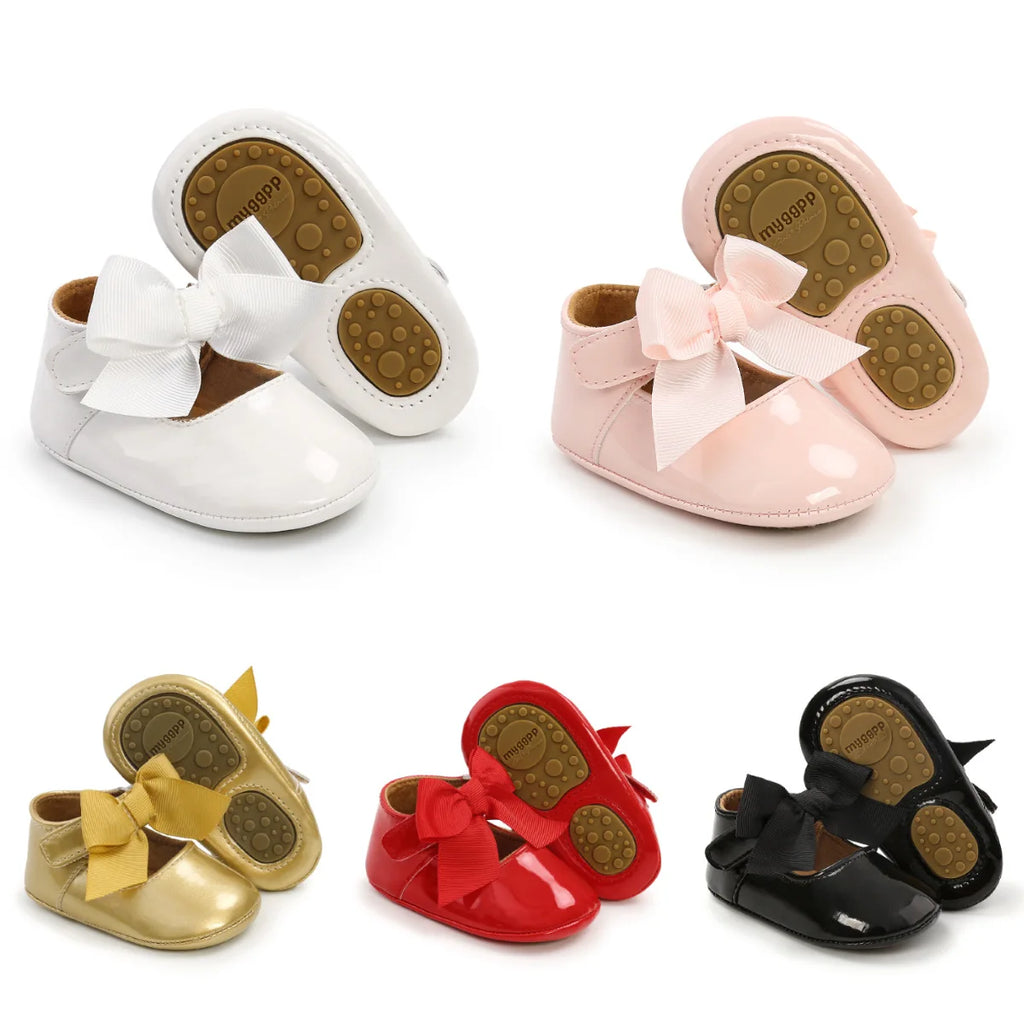 Bailarinas con nudo de lazo para bebé, suela de goma antideslizante, zapatos de PU para primeros pasos, zapatos de vestir para cuna de bebé