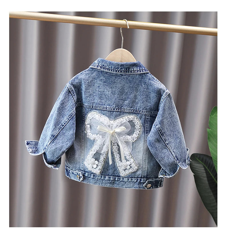 2-9 Years Babi Girls Denim Jacket New Fashion Baby Kids Jean Coats For Girls Cute Lace Bow Design Children Outerwear Clothing