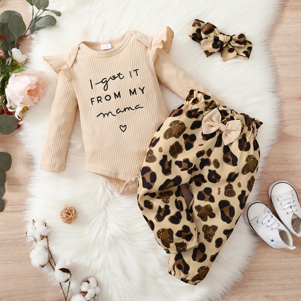 Conjunto de ropa para bebé recién nacido de 0 a 18 meses, body de manga larga + pantalones de leopardo + diadema, 3 piezas, atuendos de otoño a la moda para niña pequeña