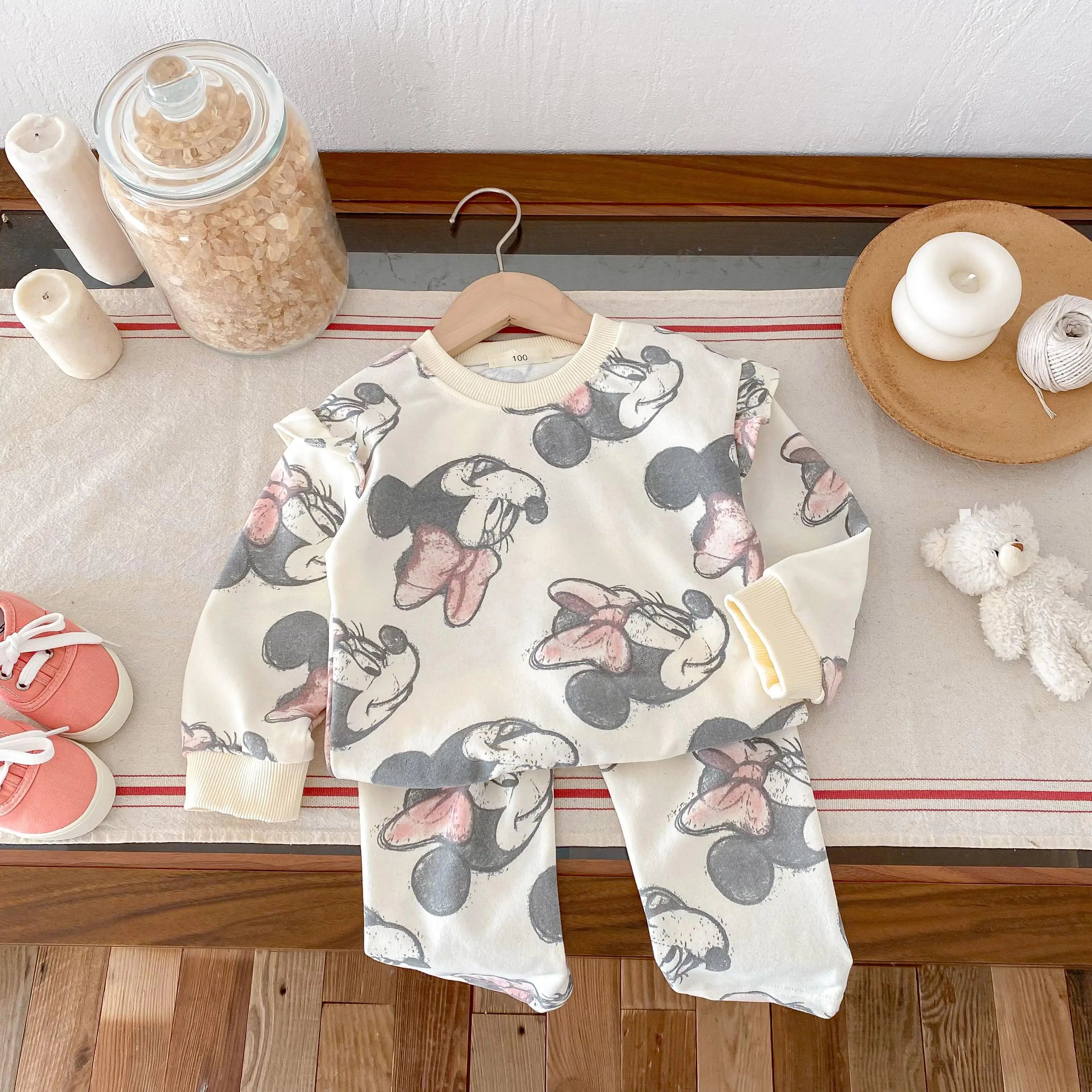 Minnie Mickey Boys Girls Sweatshirt Set Cartoon Casual Kids Long Sleeve Tracksuit Children's Clothes Tops + Pants 2pc/set 0-6y