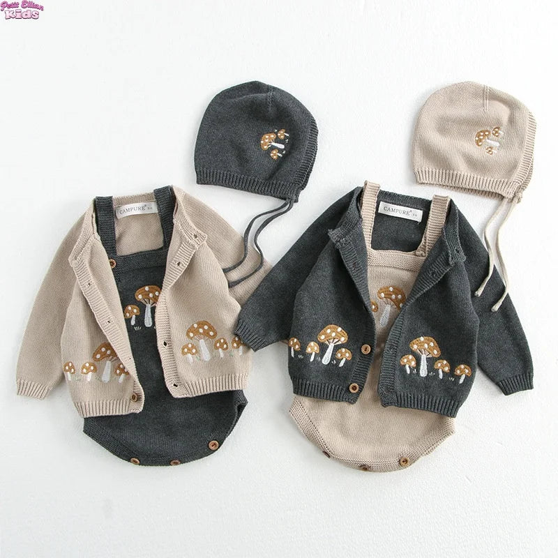Baby Girl Clothing Cotton Knit Mushroom Embroidered Onesie Bodysuit and Beanie 0-3Y Baby Boy Clothes Cardigan Casual Outfit