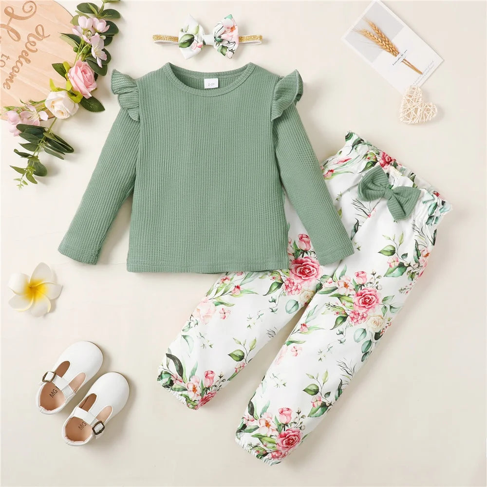 Conjunto de ropa de niña de 1 a 5 años, manga larga, top de color sólido + pantalones florales, conjunto de ropa de moda de primavera y otoño para niña pequeña