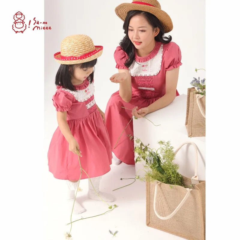 Baby One-year-old Mother and Daughter Boutique Dress Rose Red Dress Girls Summer Parent-child Mori Pastoral Dress