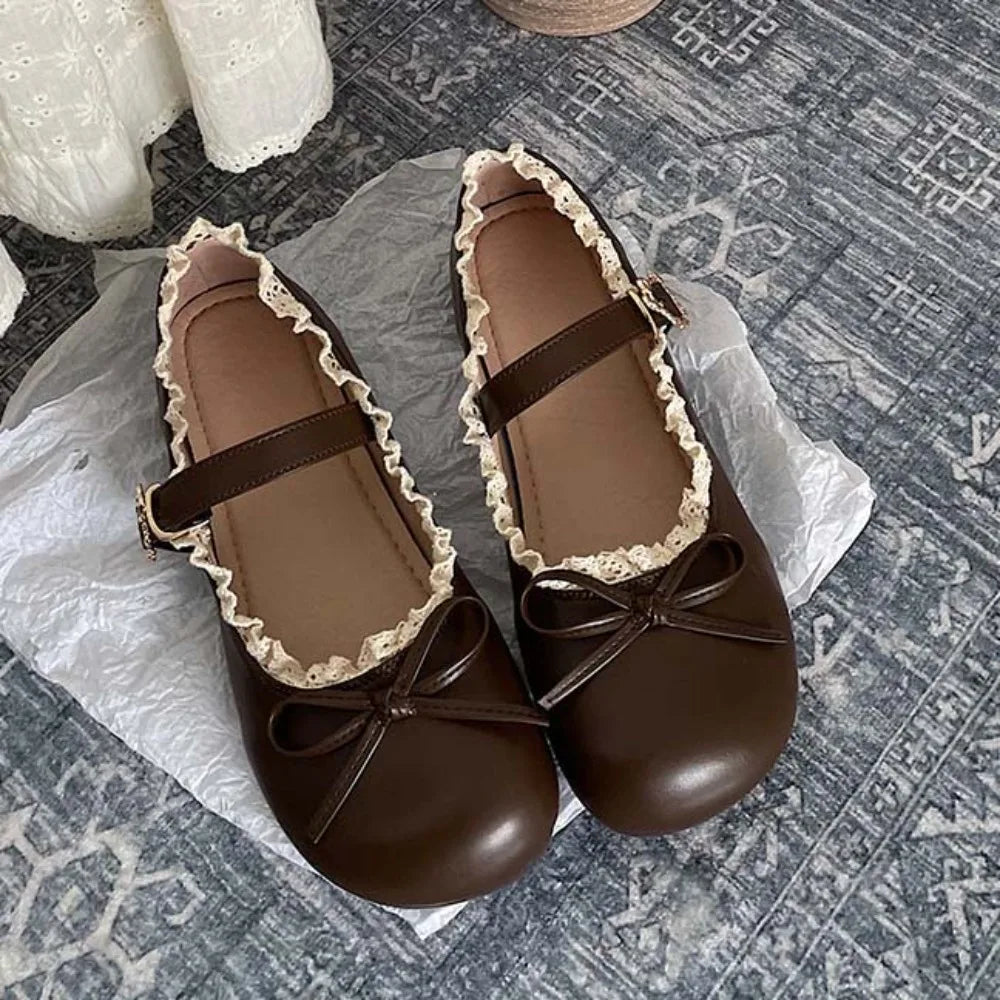 Fashion PU Leather JK Flat Shoes Lace Ruffled Sweet Casual Ballet Flats Soft Sole Bow Slip On Loafers Girls