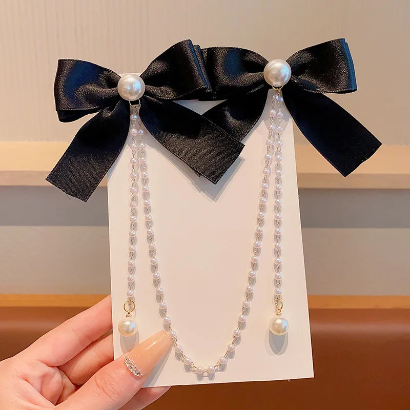 Sweet Princess Style Pink Pearls Chain Bow Hair Clip Women Children's Cute Back Head Hairpins Hair Clips Girls Hair Accessories