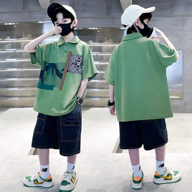 Jungen Kleidung Sommer Set Kind Mode Kurzarm Poloshirt & Jeansshorts 2-teiliger Anzug Teens Kinder Oberteil und Unterteil Kleider Set