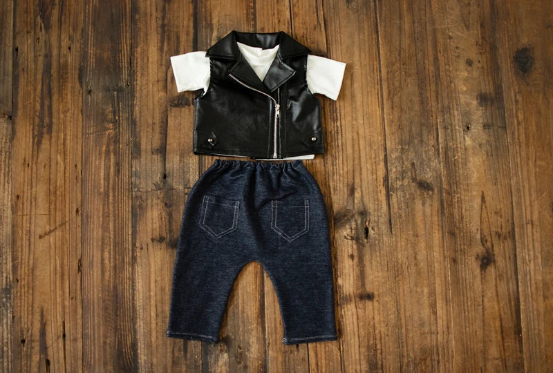 Newborn Photography Clothes for Baby Boy Cool Leather Jacket Clothing Musician Guirar Set Props for Studio Photoshoot Props