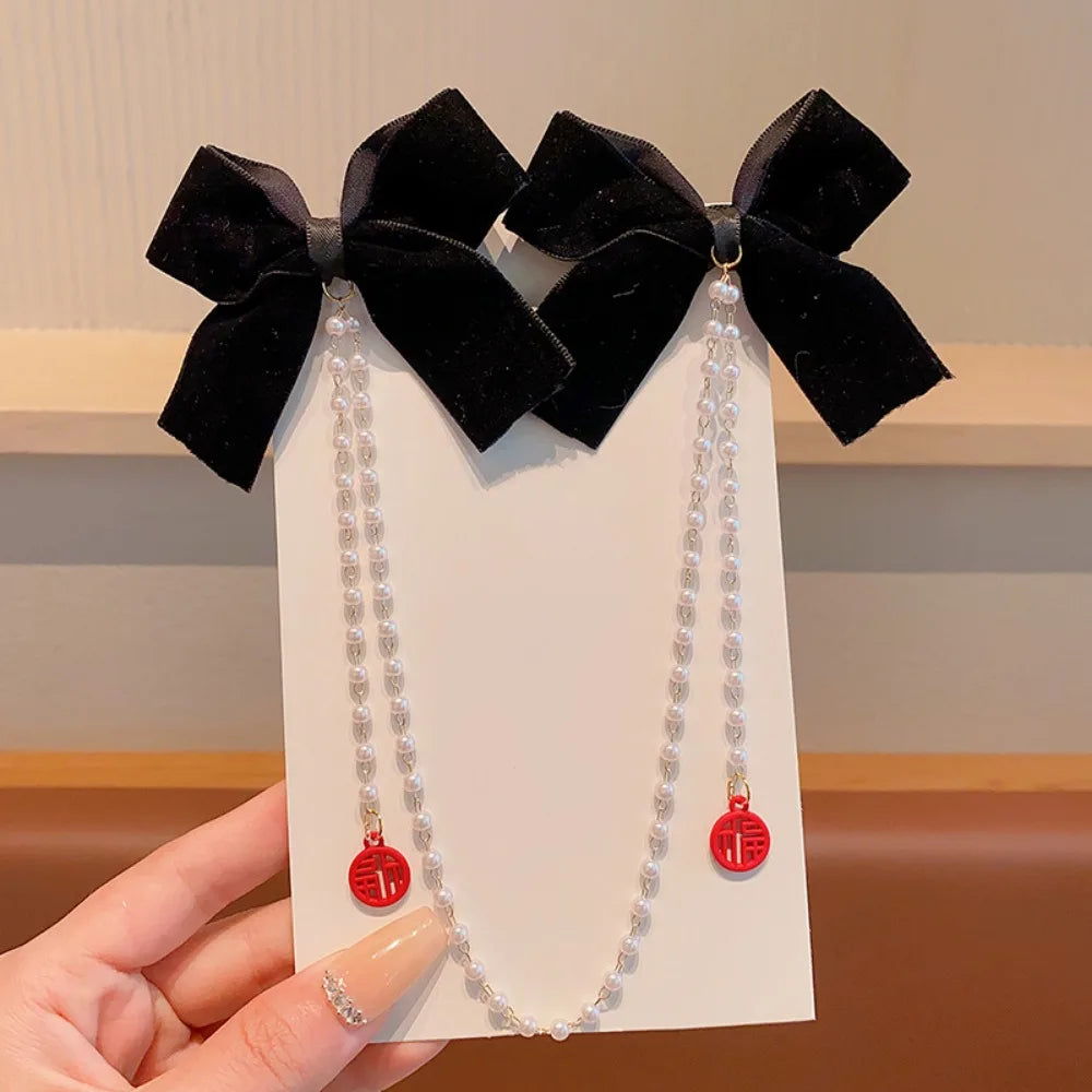 Dulce estilo princesa, perlas rosas, cadena de lazo, horquilla para el pelo para mujer, horquillas bonitas para la parte trasera de la cabeza para niñas, accesorios para el pelo